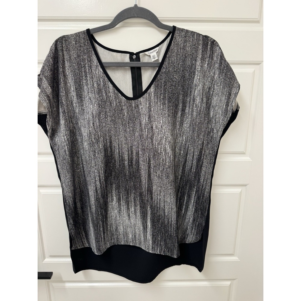 Calvin Klein Women Blouse Top Large Black Silver Metallic Hi Lo Back Zipper